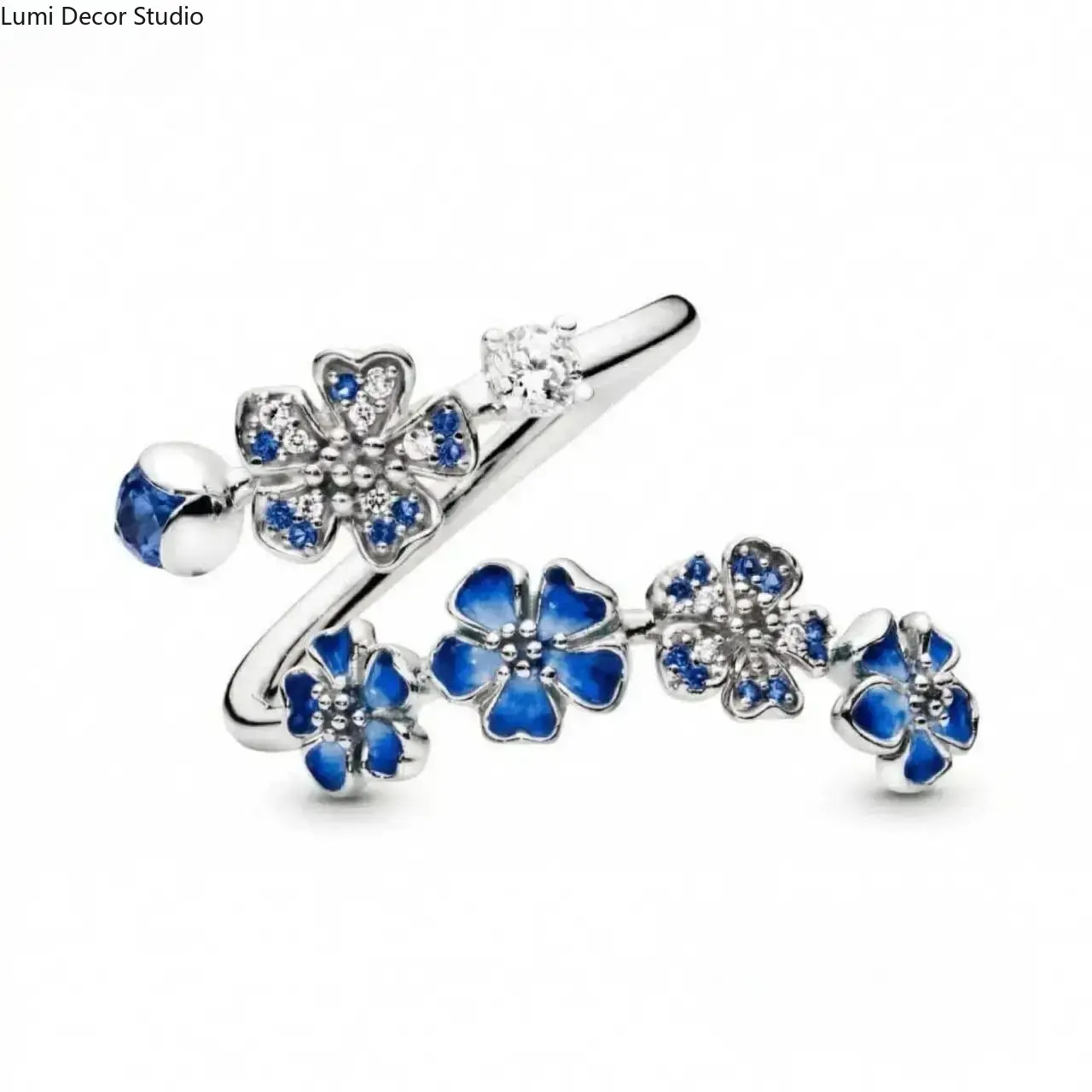 Women's Blue Peach Blossom Ring - Gold-Tone, Open, Adjustable Synthetic Floral Jewelry with Beading Detail, Light Luxury Women's Fashion for Daily Wear, Romantic Outfits