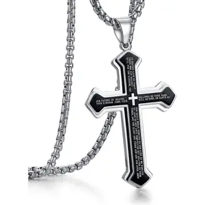 Men's Stainless Steel Nail Lord's Prayer Cross Pendant Necklace for Men Women Big Pendant and Strong Chain 24"