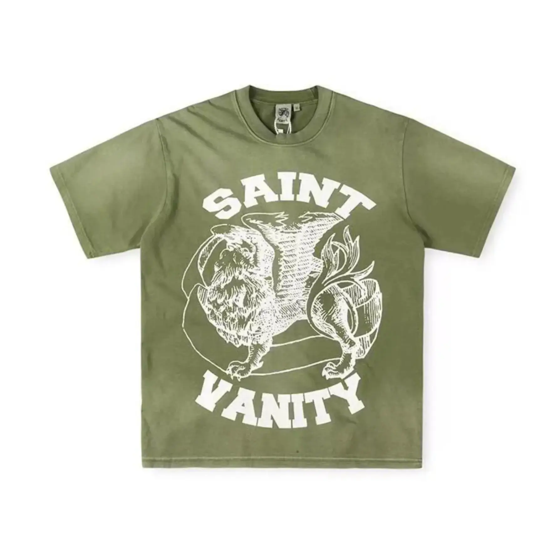 SAINT VANITY Vintage Lion Graphic Washed T-Shirt 100% Cotton Acid Wash Loose Oversized Boxy Y2K Hip Hop Crew Neck Baggy Tee Retro Harajuku Casual Streetwear for Men Women
