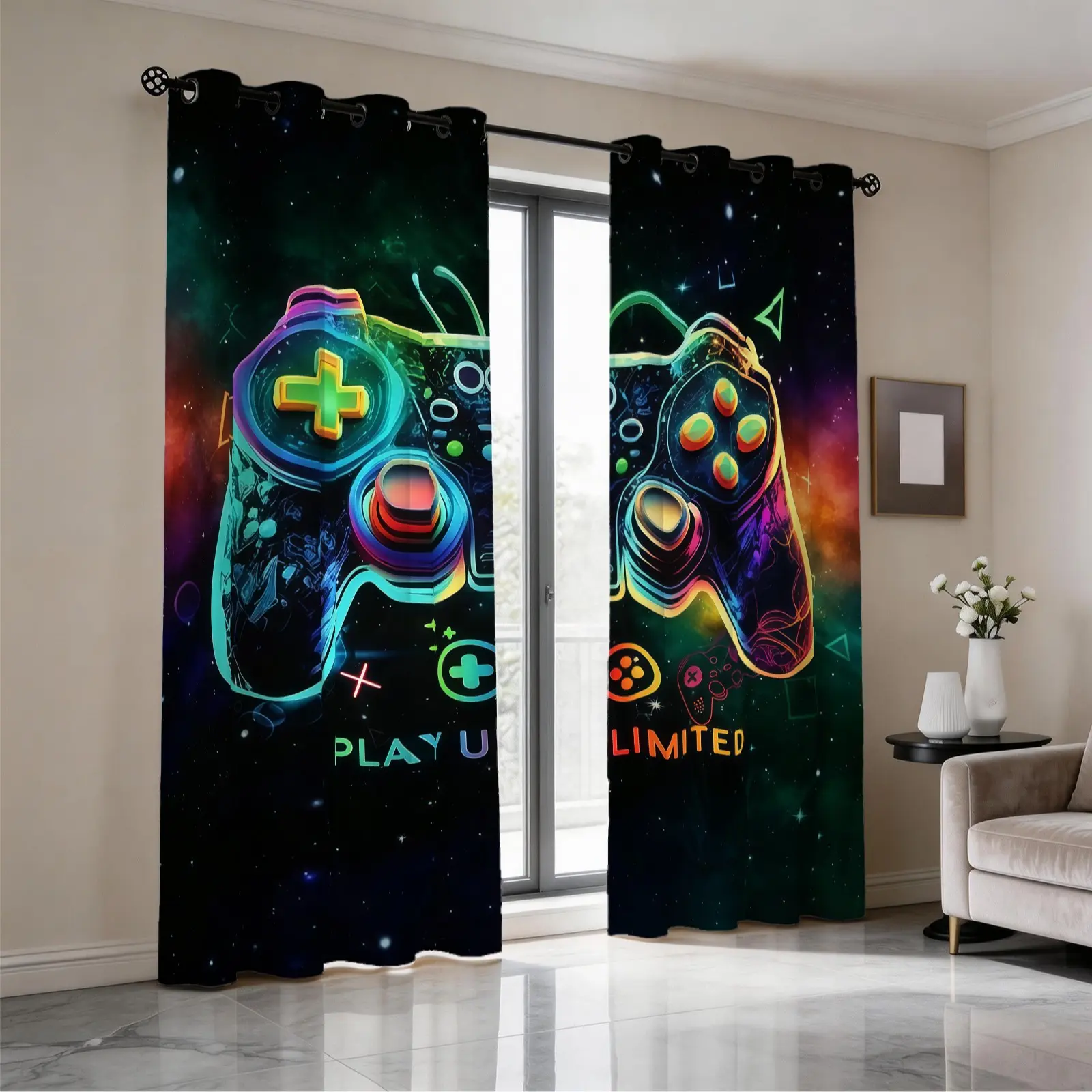 Game Console Pattern Curtains, 2-Piece Pack, Suitable For Living Room, Balcony And Bedroom Windows, Perfect Home Season Holiday Room Decoration