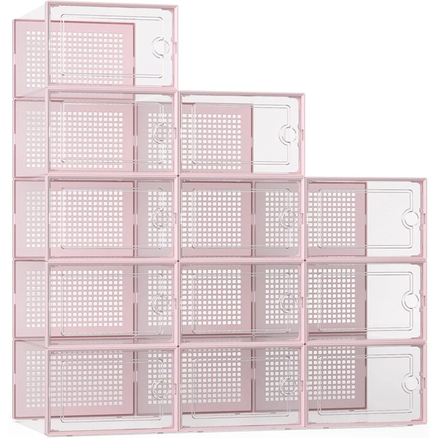 X-Large Shoe Storage Boxes Organizers Clear Plastic Stackable 12 Pack, Shoe Rack & Holder Substitute, Sneaker Containers, Toy Storage Organizer Bins for Entryway, Closet, Under Bed, Pink