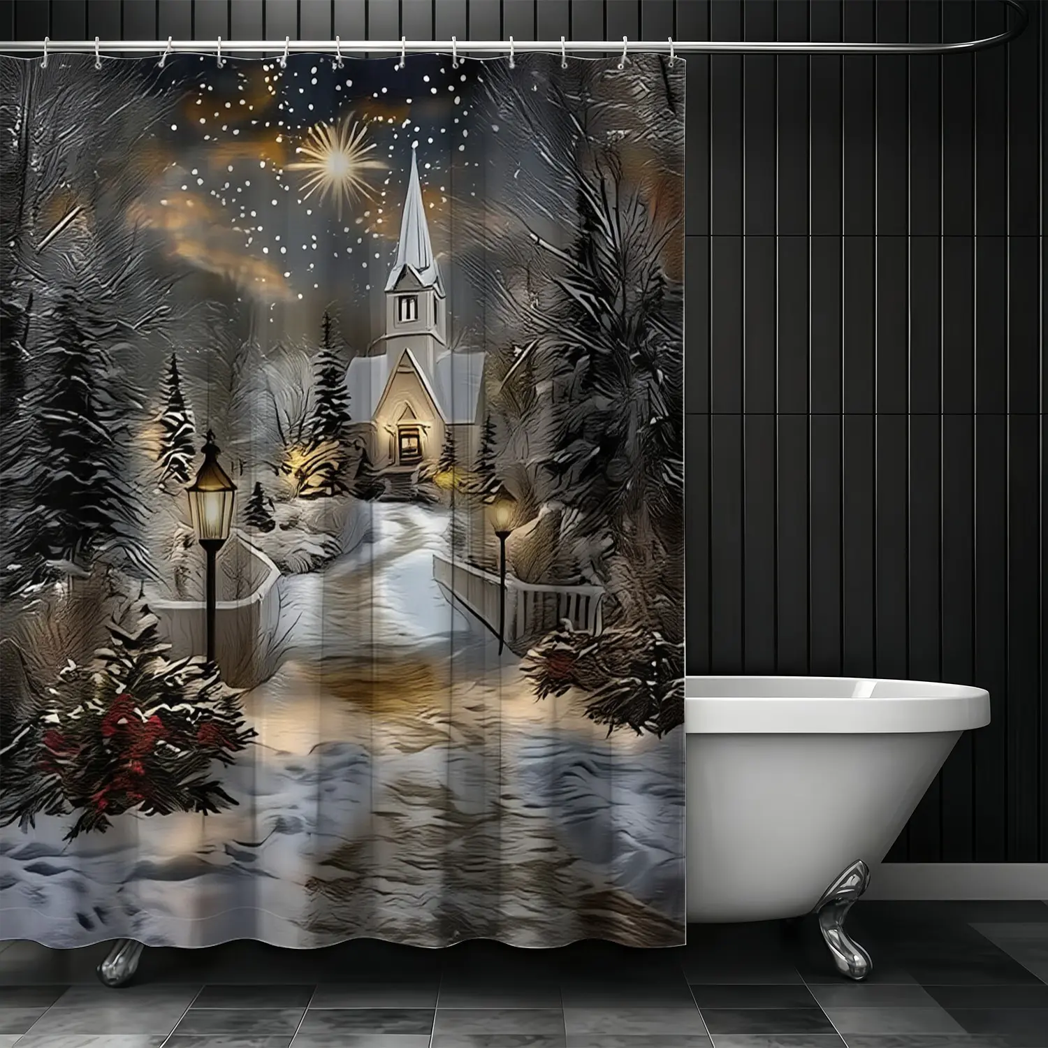 1pcs Christmas Winter Shower Curtain, Snowy Night Village Scene, Pine Trees & Fireworks Print, Elegant Bathroom Decor for Holidays
