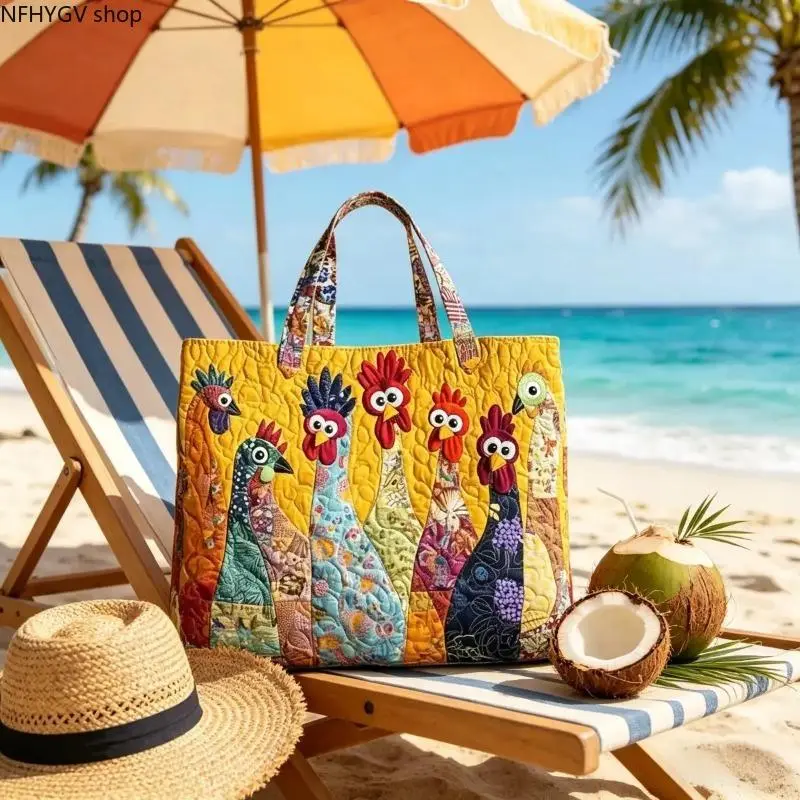 Boho Digital Print Cute Chicken Quilted Patchwork Tote Shoulder Bag, Soft Sturdy Reusable Fabric Handbag, Large Capacity Multipurpose Carry Tote Suitable For Daily Work Commutes, Supermarket Grocery Runs, Short Trips And Custom Birthday Present MatchingLu