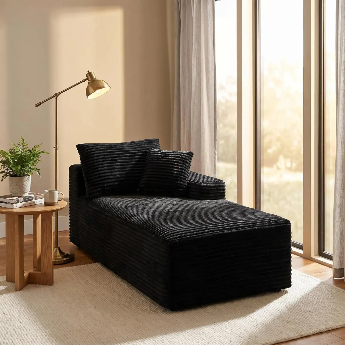 Black Corduroy Modular Compression Sofa - Modern Low Profile Legless Floor-Hugger Armless Accent Chair, Easy Setup Indoor Furniture for Living Room, Bedroom