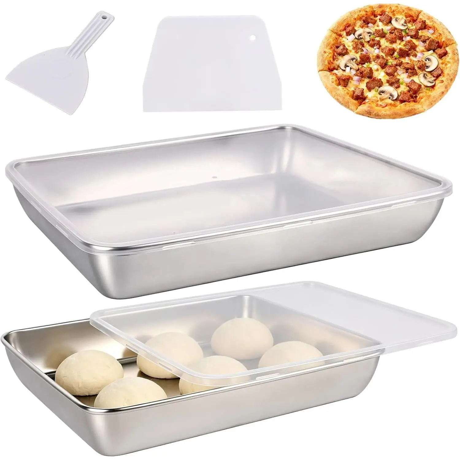 2 Pack Pizza Dough Proofing Box, 6L Large Capacity Stainless Steel Food Storage Container with Lid, Household Dough Tray for Bread & Dough Balls, Bonus Dough Cutter