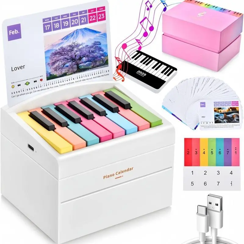 Desktop Playable Piano Calendar - Mother's Day Gift, 52 Songs with Sheet Music & Lyrics on 28 Cards, Rechargeable Elegant Desk Accessory for Music Enthusiasts