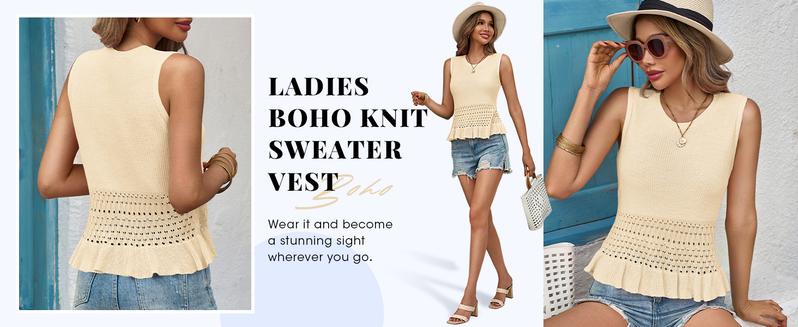 Saodimallsu Womens Crochet Crop Tank Tops Sleeveless Crew Neck Ruffle Summer Boho Knit Sweater Vest