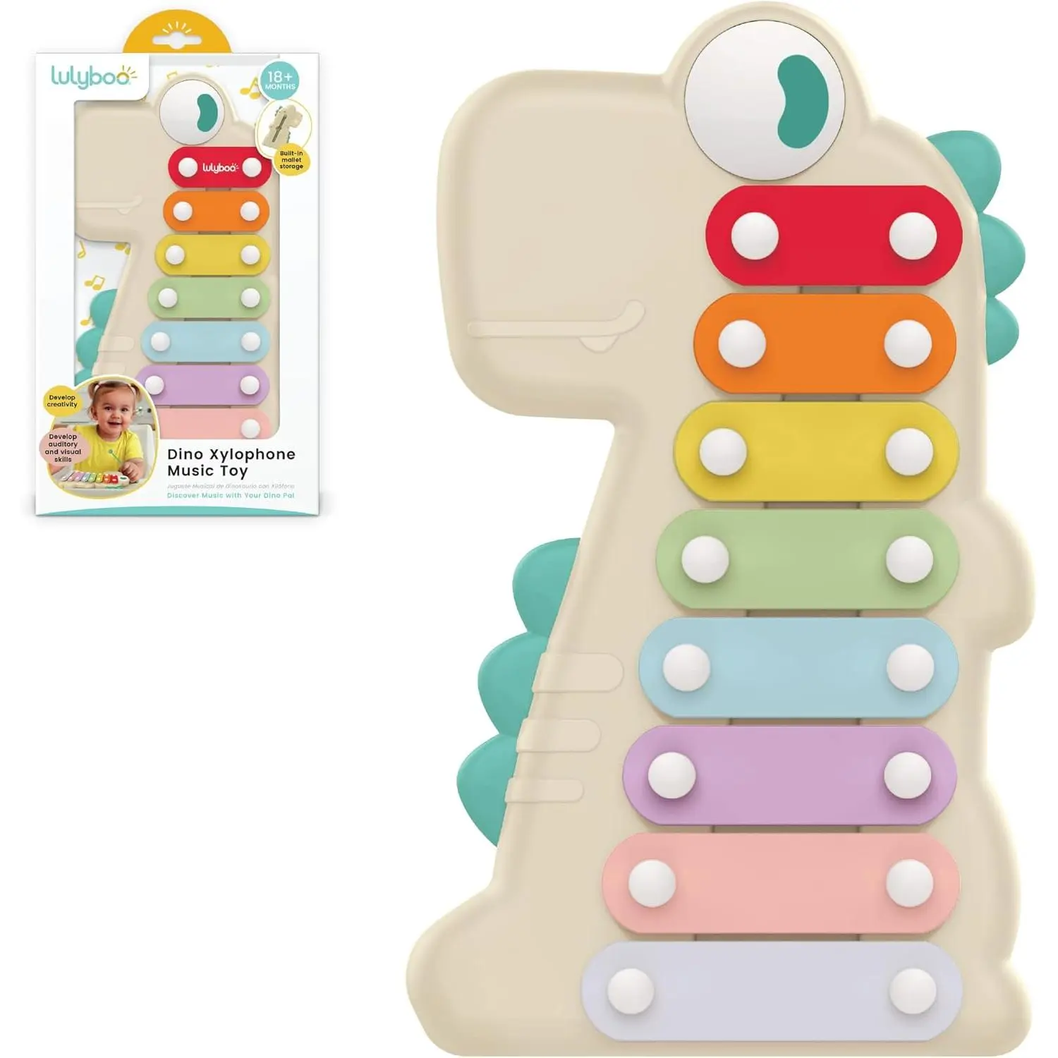 Dino Xylophone Music Toy for Toddlers Rhythm & Sound Development, Easy-Grip Mallet, Early Sensory & Motor Skills, Learning Instrument Stimulates Creativity & Coordination (Tan)