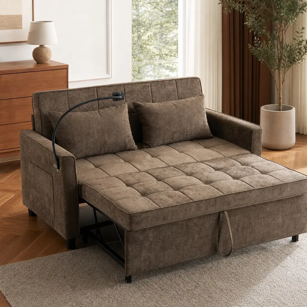 Brown ARCH 2-Seat Chenille Loveseat Sofa Bed Couch - 1 Box, Pull-Out Sleeper, Reversible Backrest Cushion, USB Ports, Side Storage Pockets, Phone Holder, High-Density Foam-Filled, Square Armrests, 32.3W x 56.9D x 33.9H in, for Living Room, Guest Spaces, O