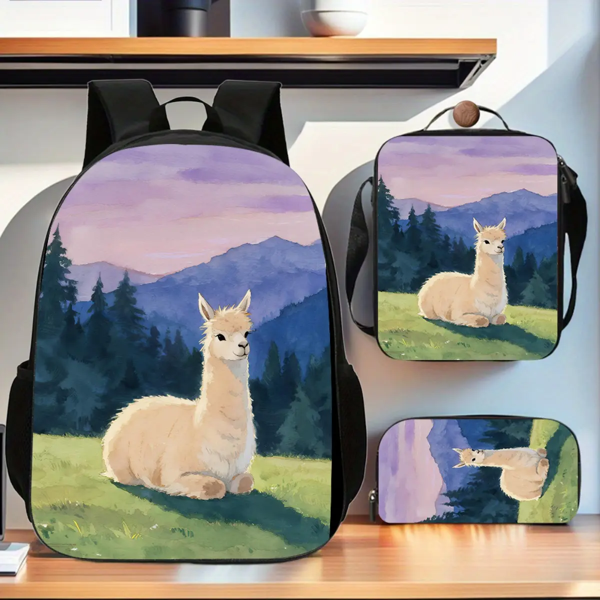 3pcs Set Llama Backpack System with Alpaca Llama Design - Large Capacity School Backpack, Book Bag & Pen Case with Laptop Compartment | Lightweight Durable Backpacks for Women/Men, Work, Travel, School | Llama-Themed Llama Print (Llama & Alpaca Design)