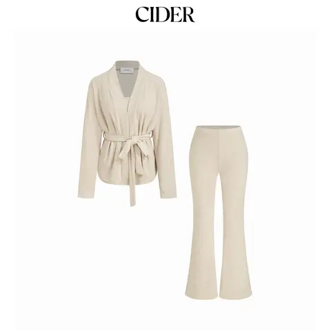 Cider Terry Long Sleeve Top With Belt With Tank Crop Top & Low Rise Flared Trousers Loungewear Set