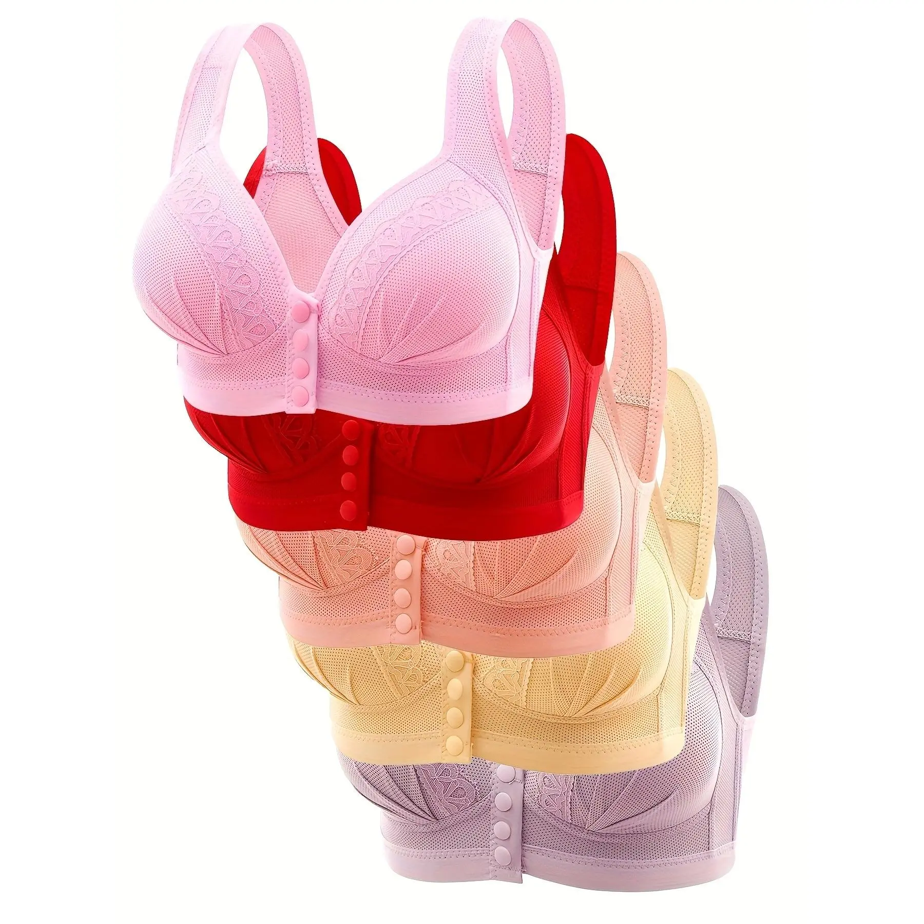 5pcs Set, Lace, Back Closure, Adjustable, Wire-Free, Supportive, Comfortable, Bra