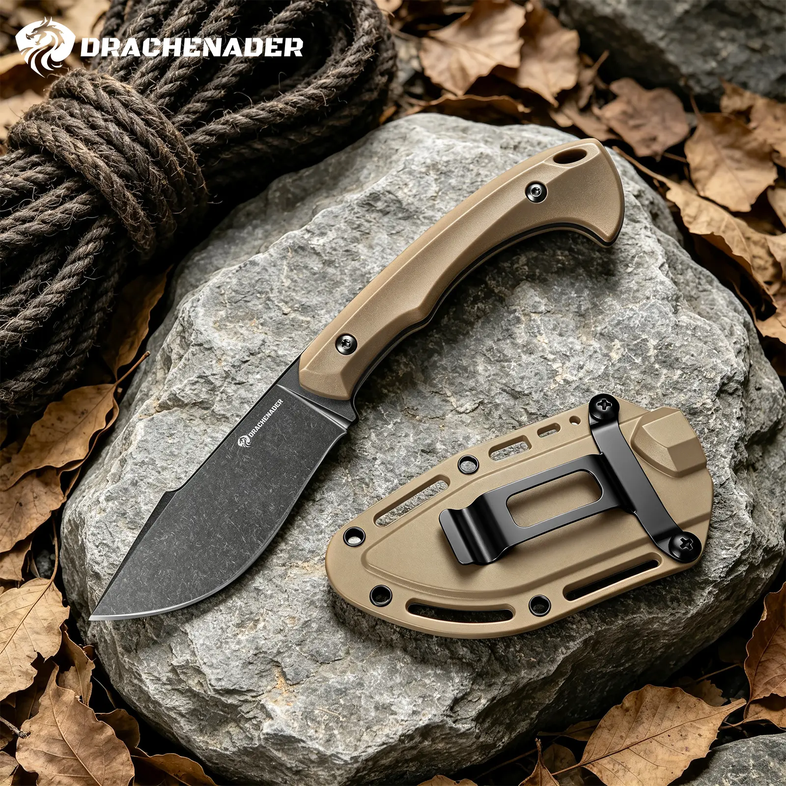Outdoor Tool Small Knife with Belt Clip, Tool for Camping Hiking, 8Cr13MoV Steel, Khaki + Stonewashed Black