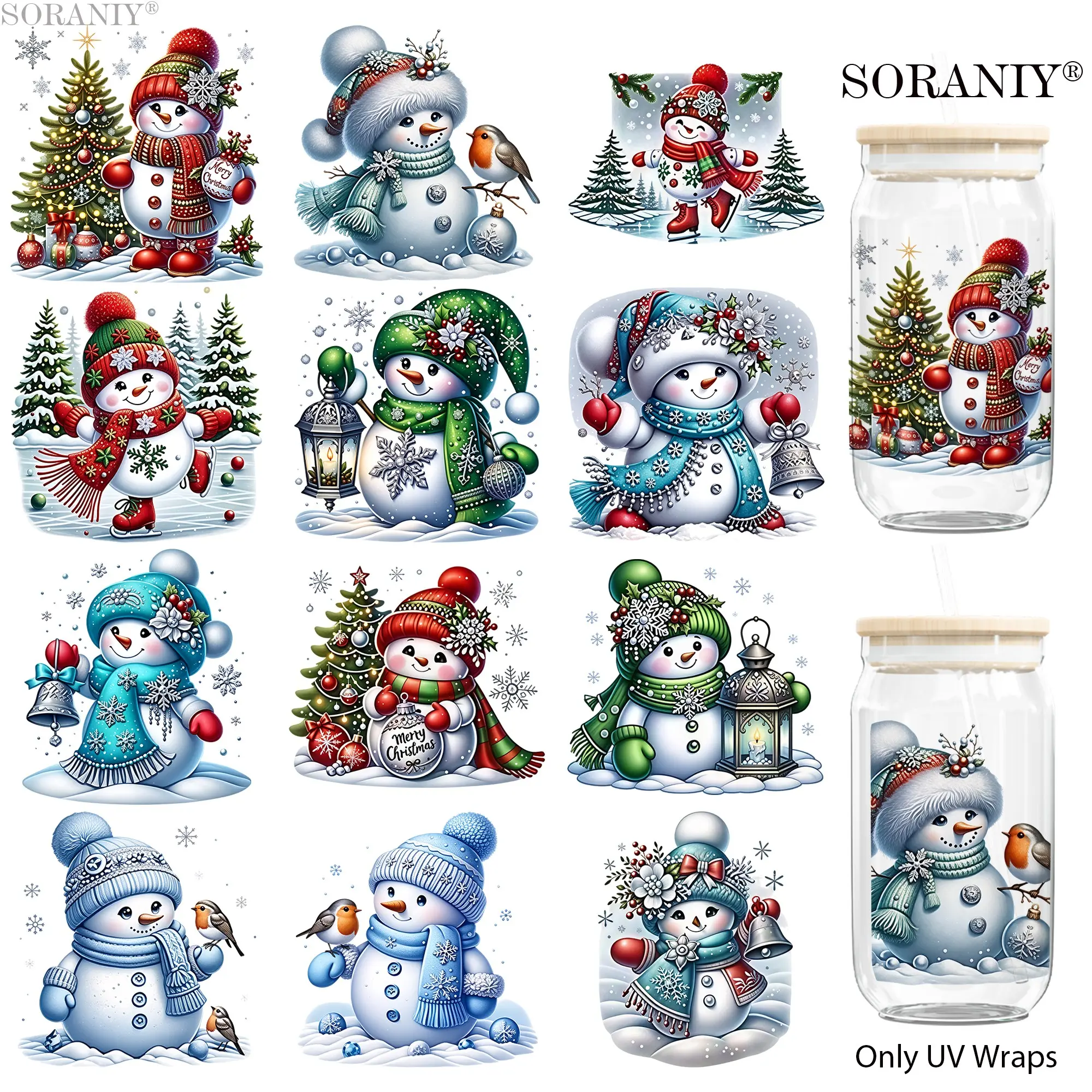UV DTF Water Cup Transfer Stickers, 12 Pieces/set, Christmas Snowman Theme, Waterproof, High Adhesive, DIY Decor for Cups Bottles Furniture Frames Gifts