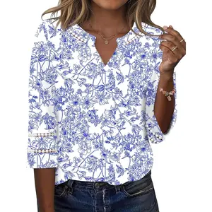 Goddess wardrobe Ivicoer 3/4 Length Sleeve Womens Tops V Neck Lace Embroidered Summer Blouses Loose Fit Tunic Dressy Casual