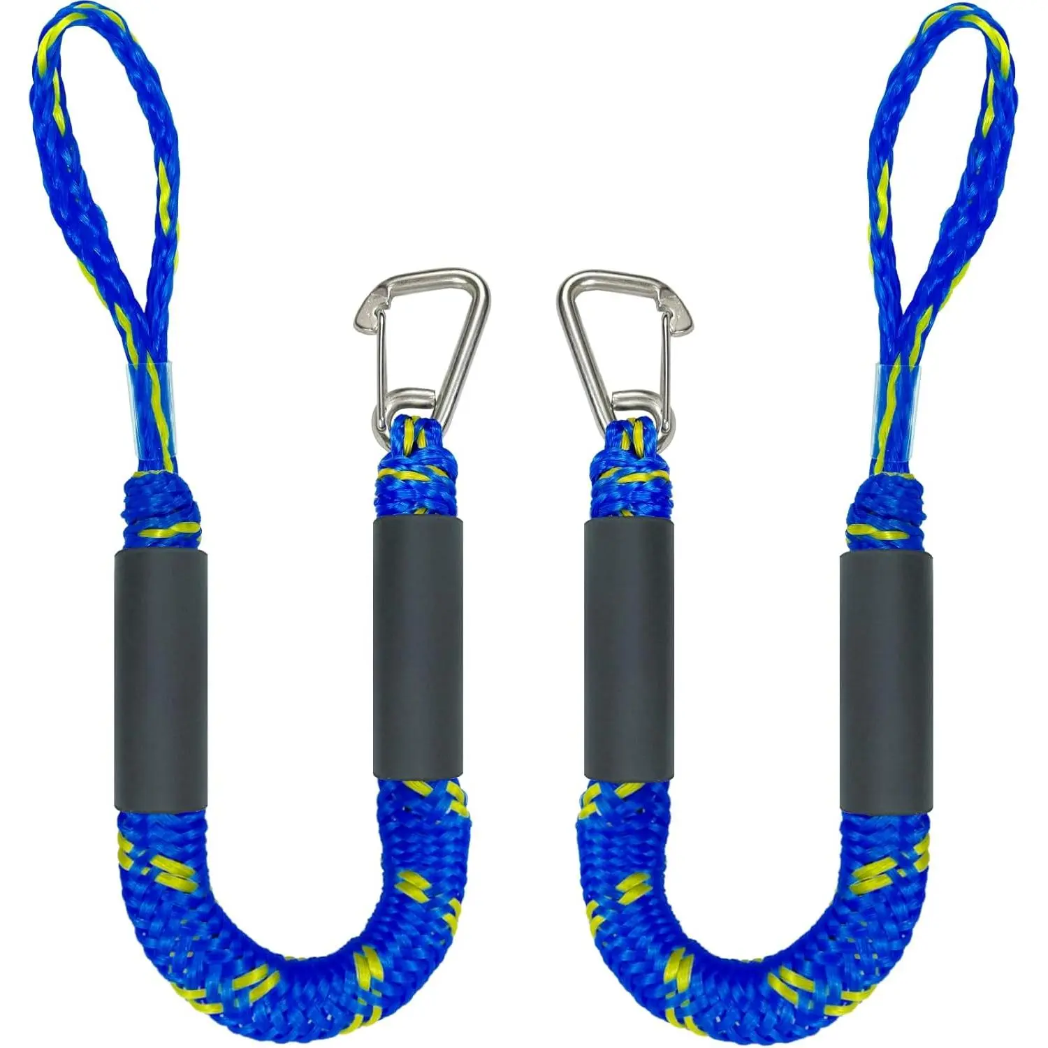 2-Pack Elastic Boat Fender Lines, 2 ft Woven Polyester Ropes with 316 Stainless Steel Clips, Shock Absorber for Docking Pontoons & Jet Skis, Blue & Yellow