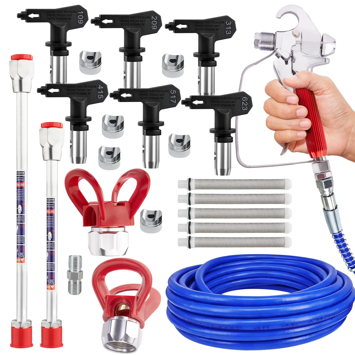 Professional Paint Spraying Tool Set, Including Spraying Gun, 33 Ft High-Pressure Hose with 1/4 Connector, 6 Reversible Nozzles, 2 Tip Guards, 2 Spraying Extensional Rods, 5 Spraying Gun Filters, Paint Sprayer Kit
