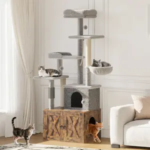 55.1 in Cat Tree with Hidden Litter Box Enclosure, Multi-Level Cat Condo with Hammock, Perch, Scratch Posts & Toys