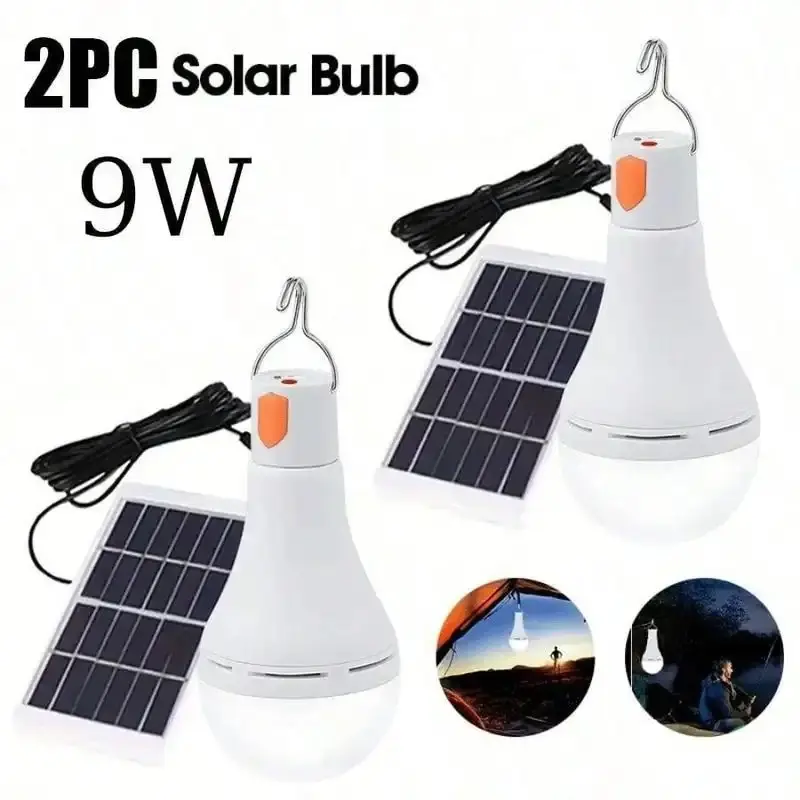 Home Improvement 2PC E26 LED Solar Lighting Kit with Solar Panel, USB Charger, 9W/12W Hanging Outdoor Bulbs, Remote Control, Energy Efficiency, Eye Comfort, Color Changing, Instant On, Dual Charging, 3 Selectable Light Modes for Camping, Emergency Use