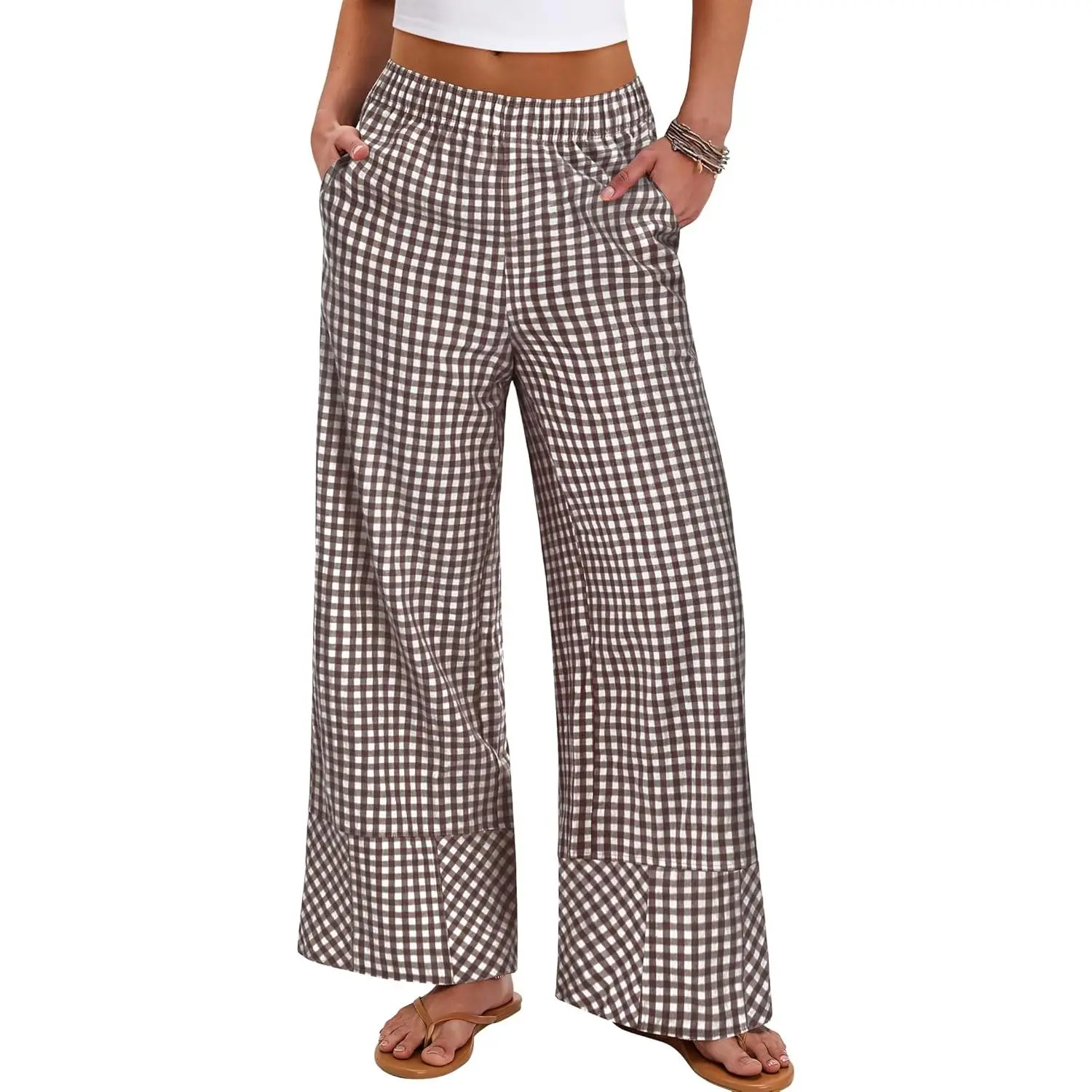 Women's Gingham Wide-Leg Palazzo Pants - Loungewear PJ Bottoms with Pockets, Pajamas, Nightwear