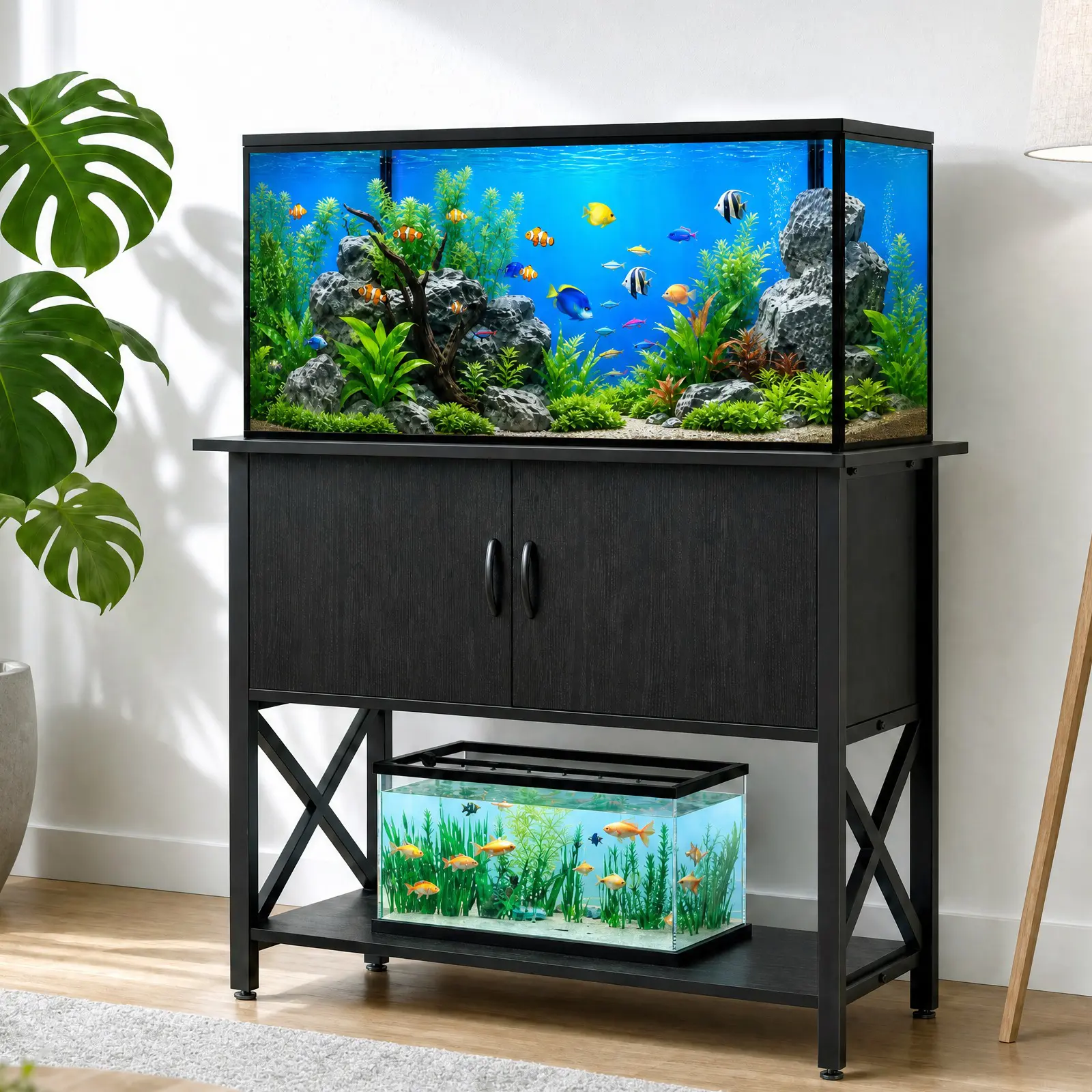 40-50 Gal Aquarium Stand with Storage Cabinet, Lower Shelf for 5-10 Gal Tanks, Adjustable Legs, 36.6x18.9 in Top Shelf