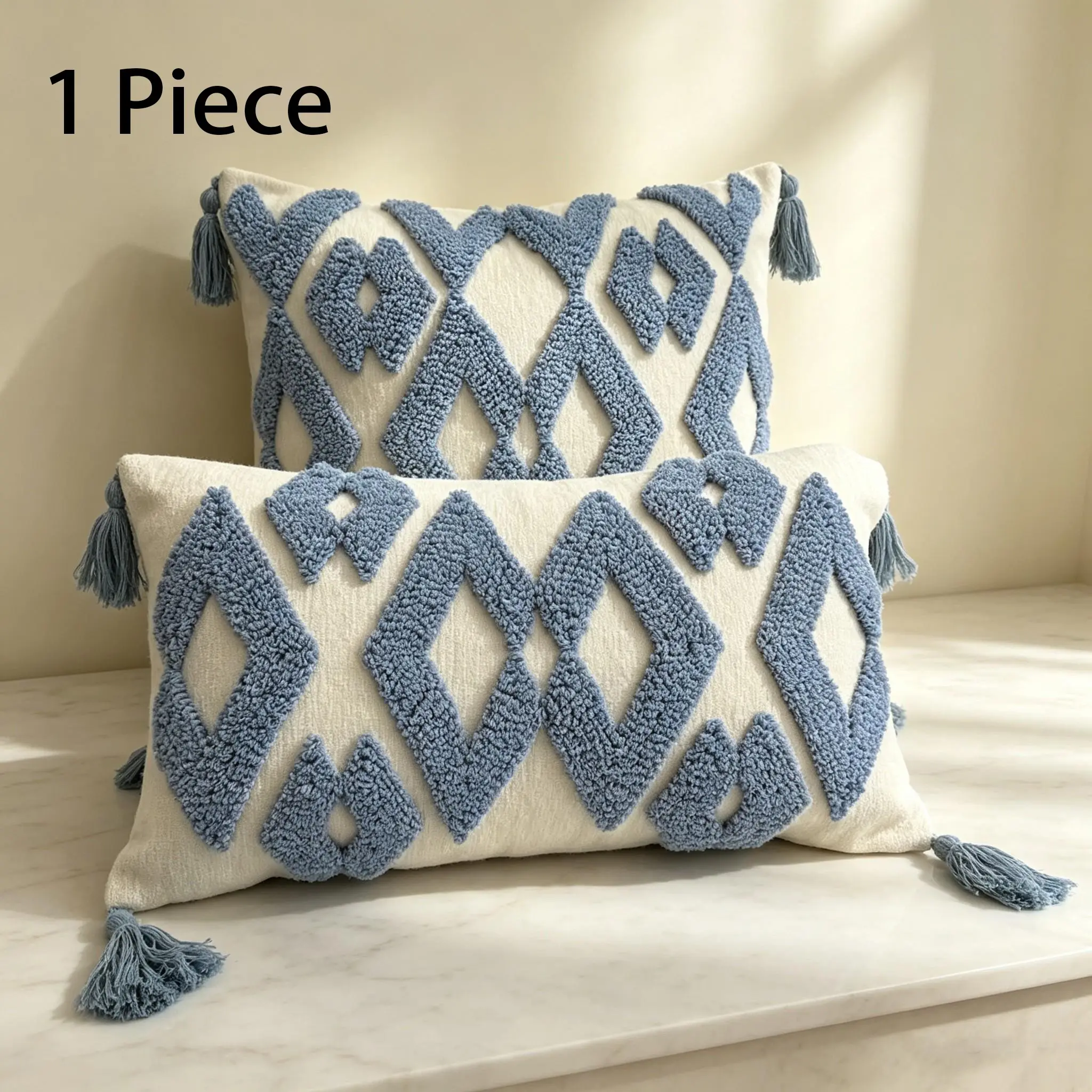 Bohemian Style Plush Pillow Cover, Light Blue Diamond Geometric Fringe, Neutral Cream Decorative Lumbar Square Pillow, Sofa Bed Bedroom Home Decor