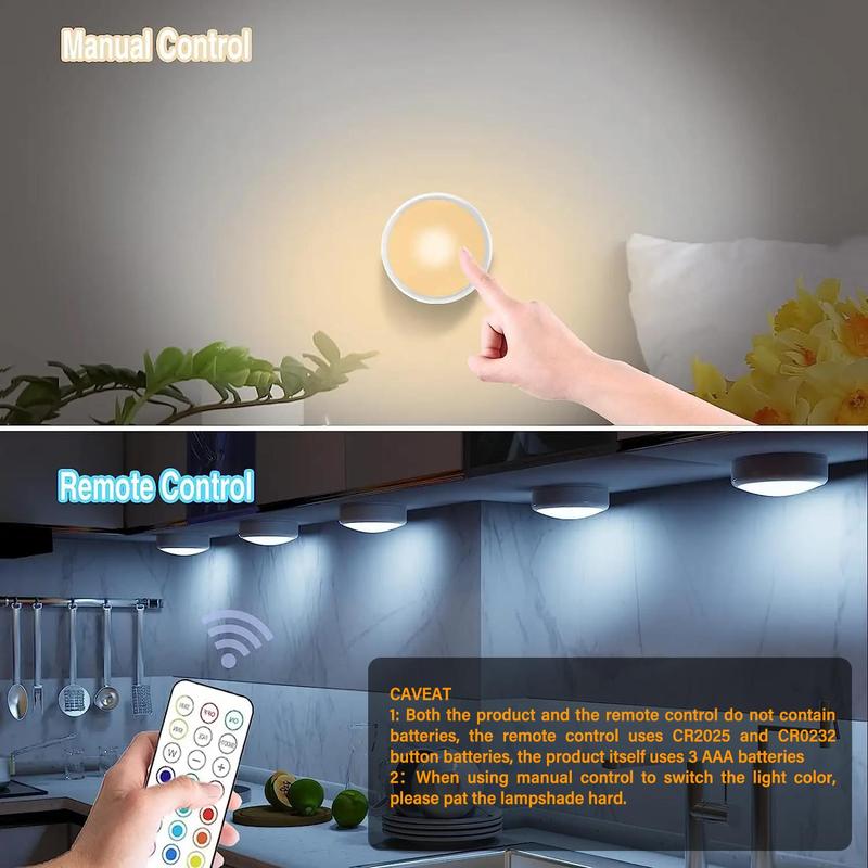 LED Puck Dimmable Night Light, Battery Powered LED Cabinet Light With Remote & Touch Control For Closets, Bedroom Walls, Cabinets, Walkways