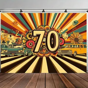 Retro 70s Party Banner Backdrop Vintage Disco Style Polyester Fiber Tapestry Wall Hanging Photography Background Birthday Wedding Graduation Anniversary Celebration Home Studio Indoor Outdoor Durable Fabric