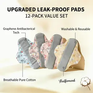12Pcs Leak-Proof Upgraded Version & Absorbent Washable Incontinence Pads with Graphene Aseptic Technology for  Women & Elderly Care Tampons Breathable Organic Cotton Keeps You Fresh & Dry
