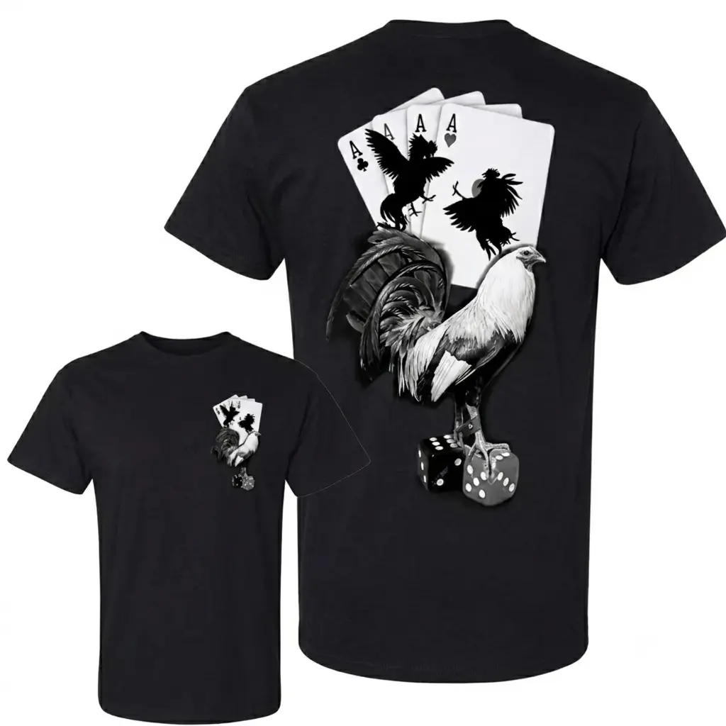 Lucky Gamefowl Rooster Shirt, Rooster Poker Graphic Tee, Double Sided Unisex T-Shirt, Casino Dice Playing Cards Shirt, Vintage Rooster Graphic Gift for Men