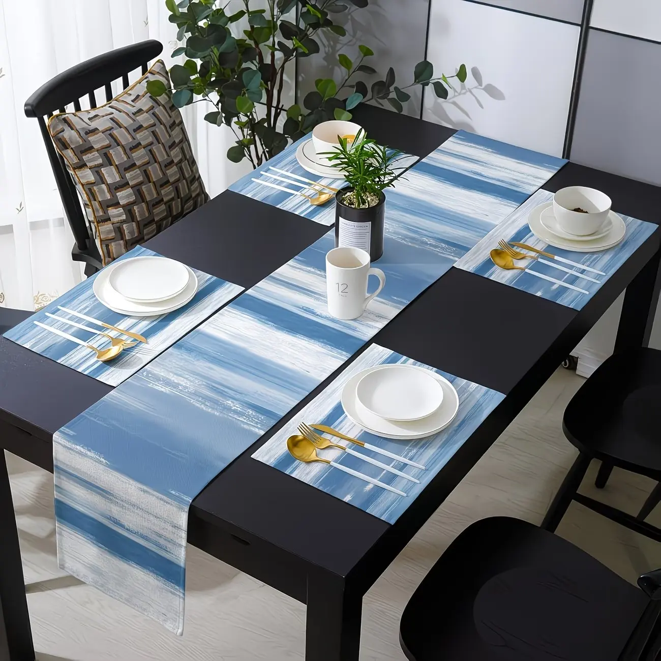 2D flat printing, 1 piece/5 piece set/7 piece set of farm table flag+placemat combination set, with striped tablecloth, abstract blue gray texture, desktop decoration, Home Decor, suitable for kitchen tables, weddings, parties, holiday dining decoration