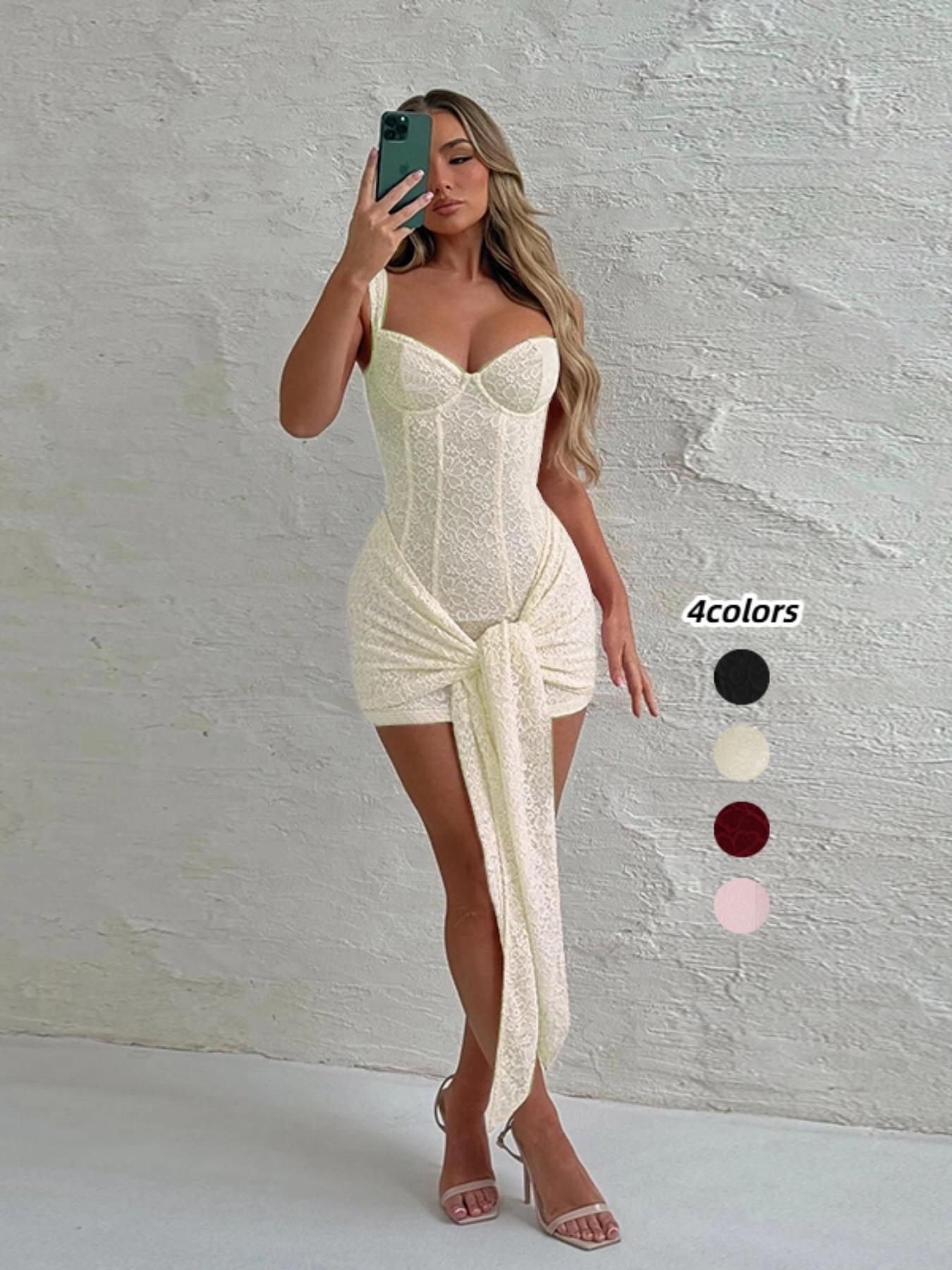 Women's Feminine Floral Lace  Strappy Corset Structure Dress, Elegant Sleeveless Short Fitted Dress for Party Club Dating Wear, Ladies Summer Clothes, Style