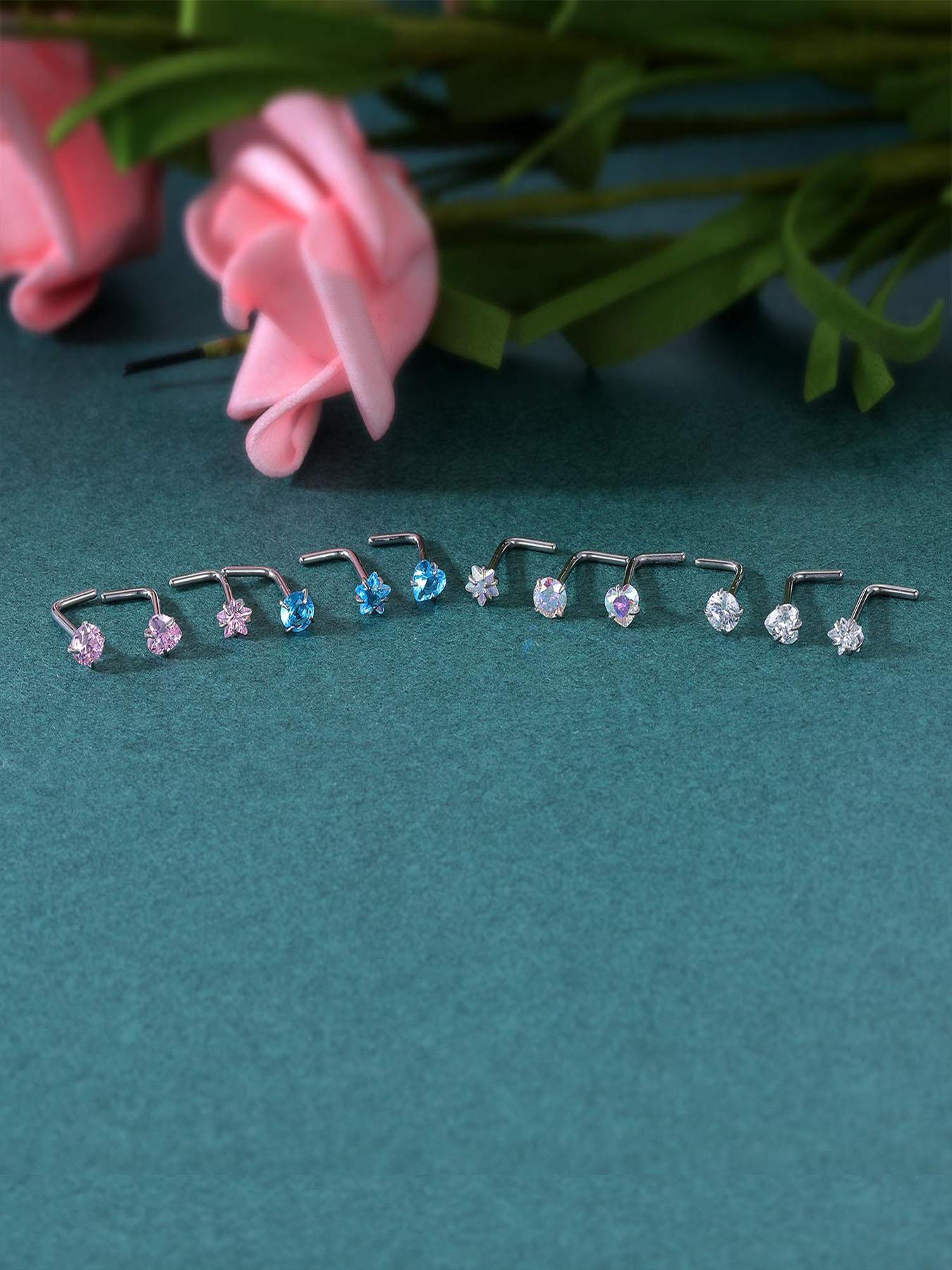 12pcs/set Rhinestone Decor Nose Studs, Stainless Steel Nose Rings, Fashion Body Jewelry for Women & Men