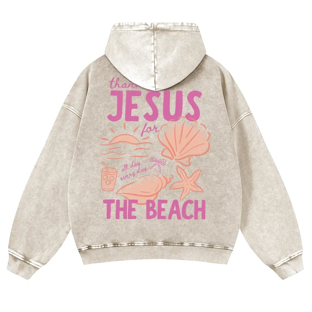 Men's Christian Coastal Graphic Hoodie - Thank You Jesus Beach Seashell Sunset Print, 380g Thick Cotton Menswear Long Sleeve, Autumn Vintage Washed Casual Wear Relaxed Fit Sweatshirt
