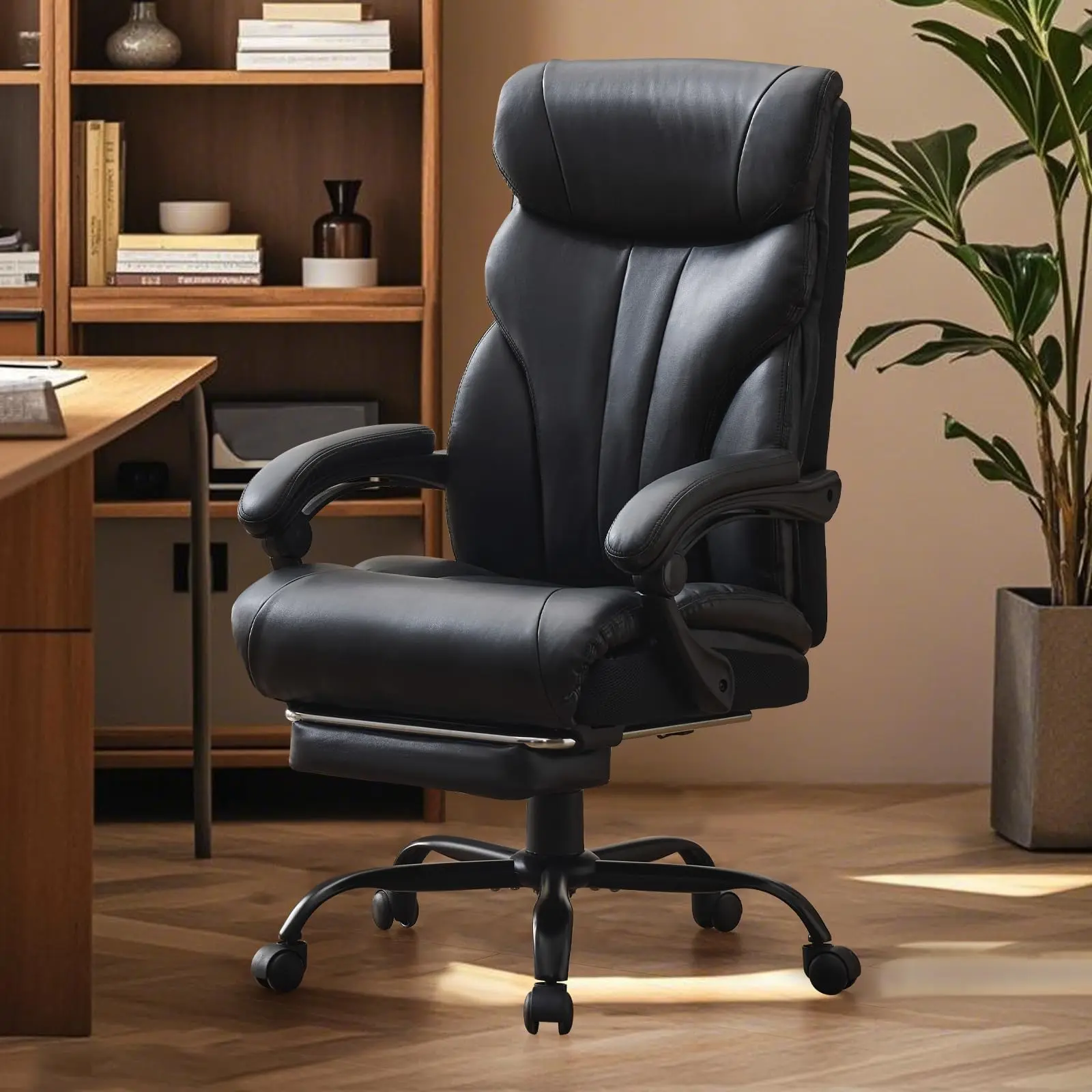 Big and Tall Ergonomic Office Chair 500lbs Heavy Duty Leather Executive Chair with Lumbar Support Widened High Back Desk Chairs Comfy Adjustable Swivel Computer Chair Padded Arms Gaming Chair for Home Office Work