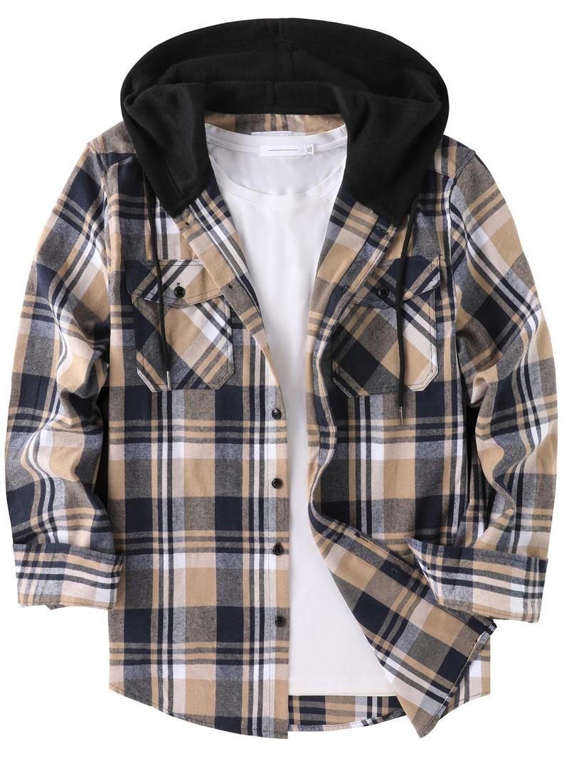 【Plus Size】 Plaid Print Button Front Hooded Shirt, Casual Regular Fit Long Sleeve Top for Daily Outdoor Wear, Men's Clothes for All Seasons