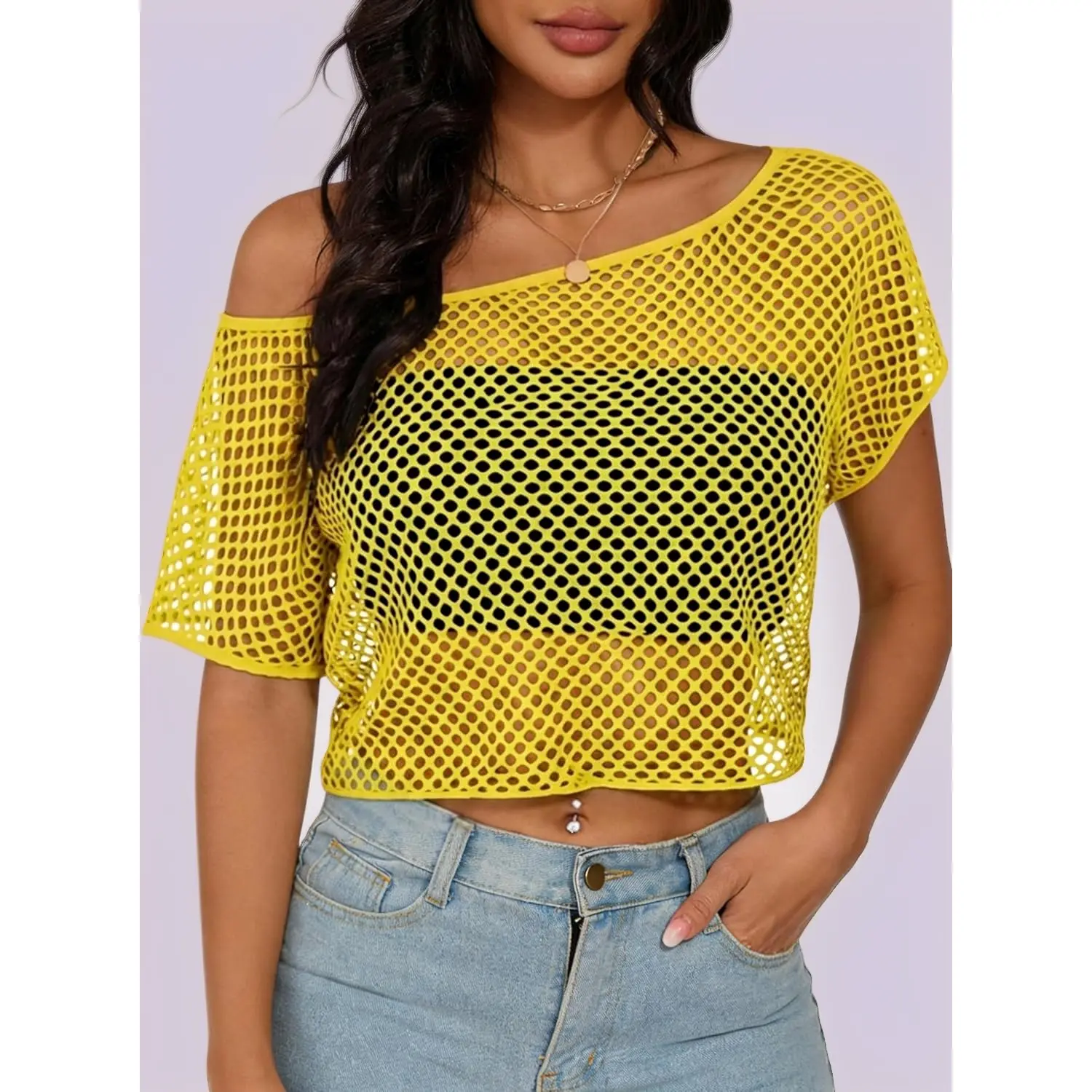 Women's Sheer Mesh Off-Shoulder Short Sleeve Mini Crop Clothing Top Cover Up, Off Shoulder Tops for DIY Painting Supplies Accessory