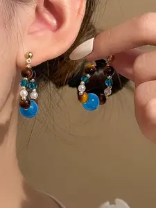 New Traditional Tiger Eye Beaded Earrings for Women, Melanin Style Luxury High-End Ear Jewelry, Vintage Unique Studs