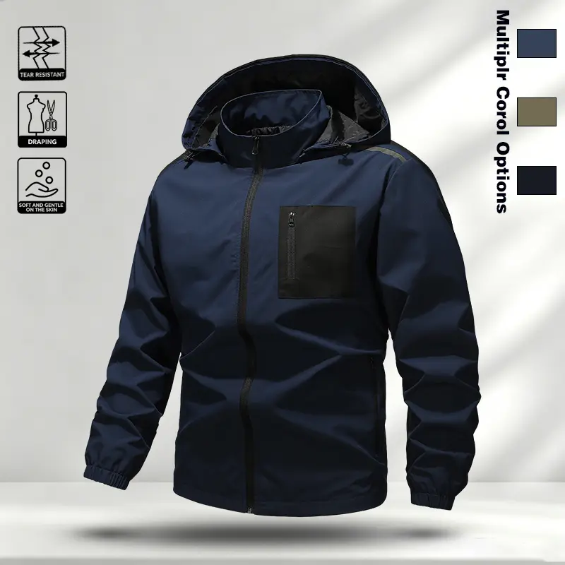 Hooded assault suit men's spring and autumn thin waterproof and windproof mountaineering suit, detachable hat reflective strip workwear jacket, loose oversized student commuting outdoor cycling leisure sports jacket