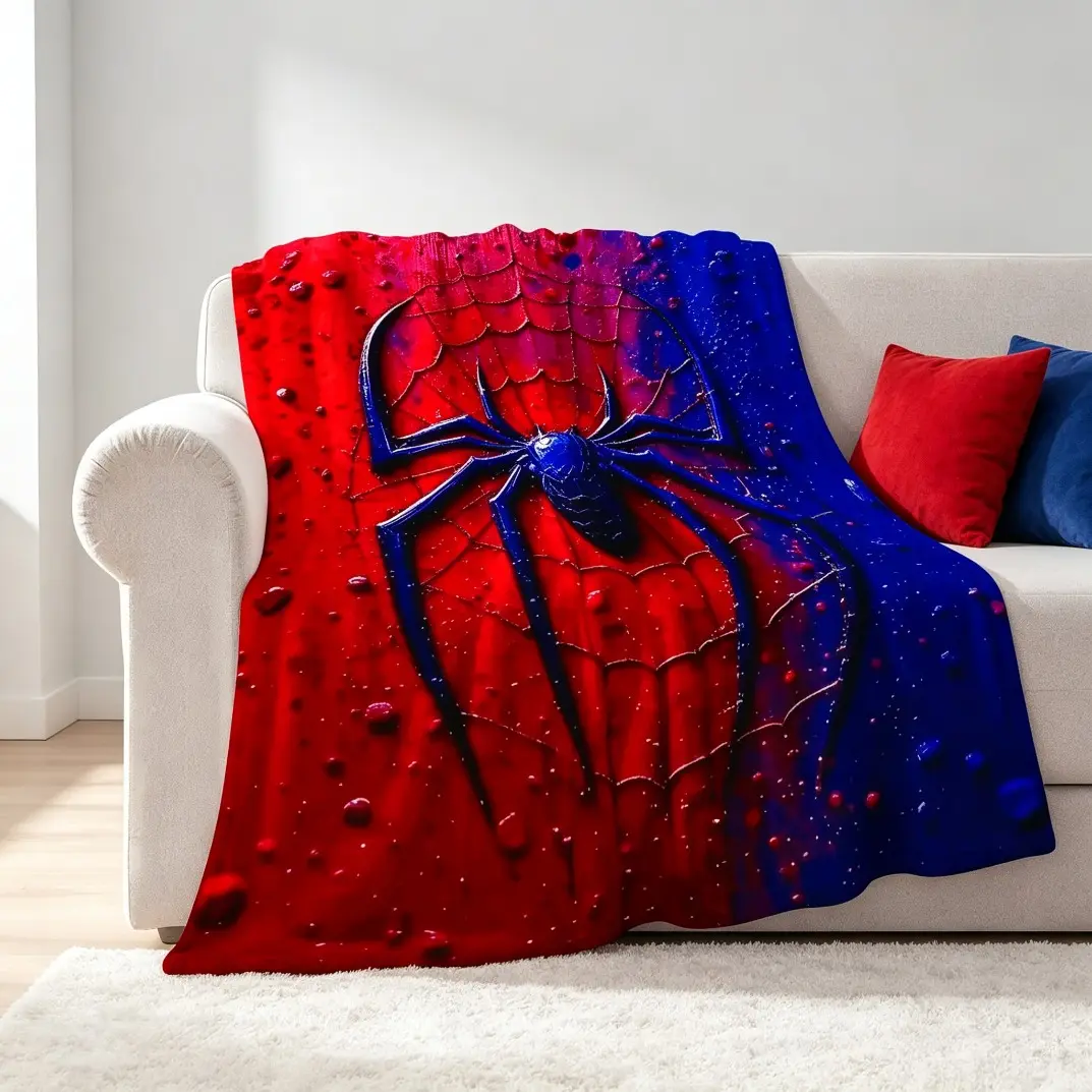 Red and Blue Spider Logo Flannel Blanket, Superhero Themed Soft Fleece Throw Blanket, Red Blue Patterned Plush Blanket for Sofa Bed Couch Bedroom, Cozy Warm Blanket for Adults & Kids, Comic Book Fan Gift Home Decor