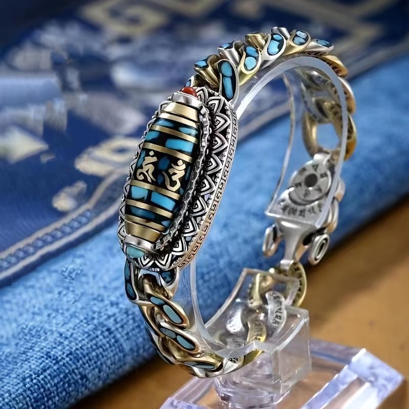 Tibetan Style Six-Syllable Mantra Nine-Eyed Dzi Bead Bracelet & Anklet – With Natural Turquoise Accents, Lucky Amulet for Meditation & Spiritual Protection, Handmade Boho Design, Comfortable for Daily Wear & Meaningful Gift