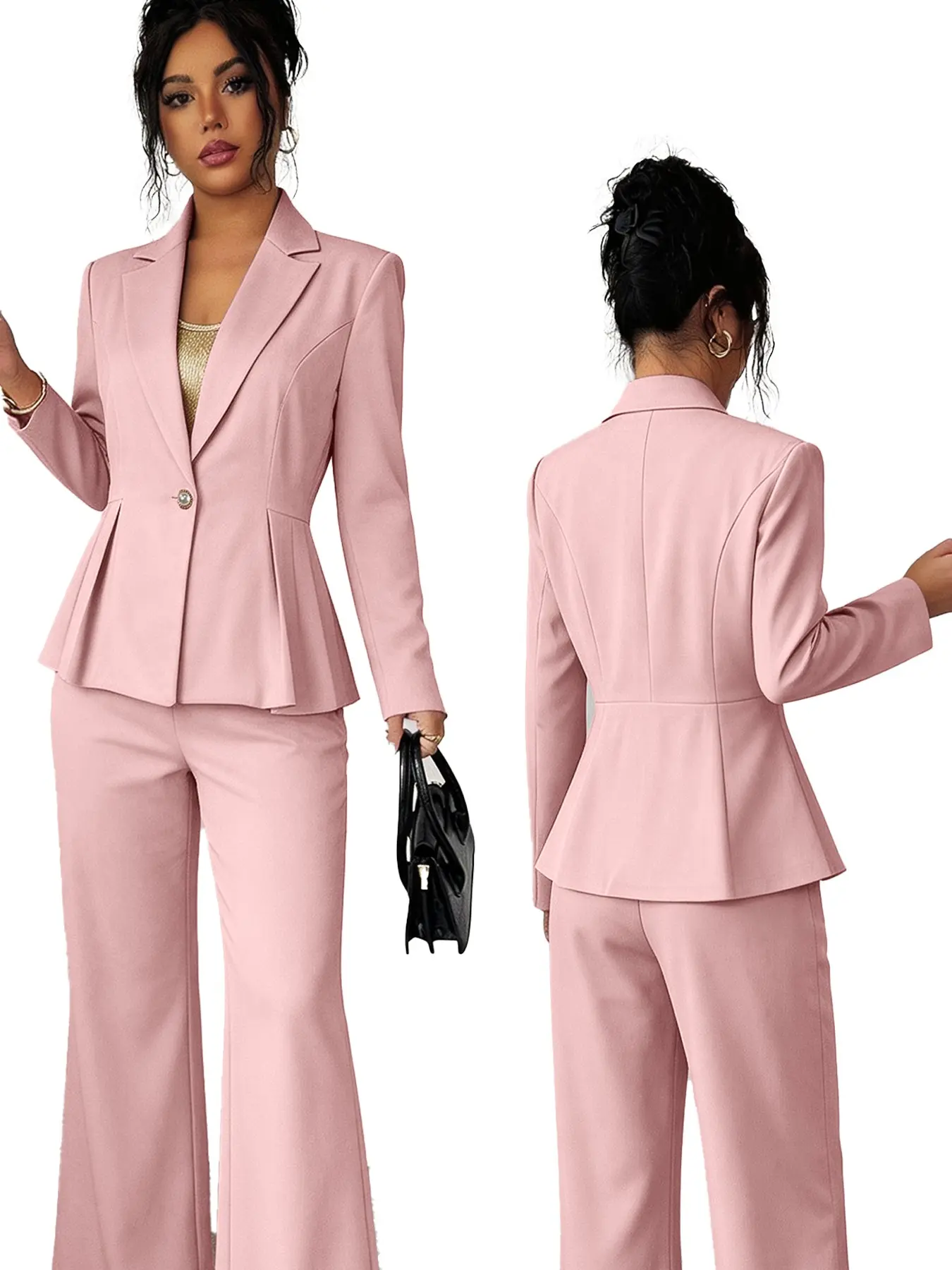 Elegant Business Casual Two-Piece Set for Women, Solid Color Blazer Jacket with Long Sleeves, Button Front Cardigan Top, Wide Leg Pants, Women Suits