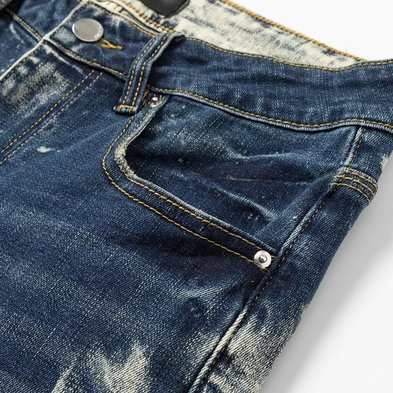 YYK Brand: Street-Style Distressed, Skinny-Fit Stretch Jeans-Featuring Patches, Embroidery, and a Vintage Denim Aesthetic-Showcasing Casual and Fitness-Inspired Styling