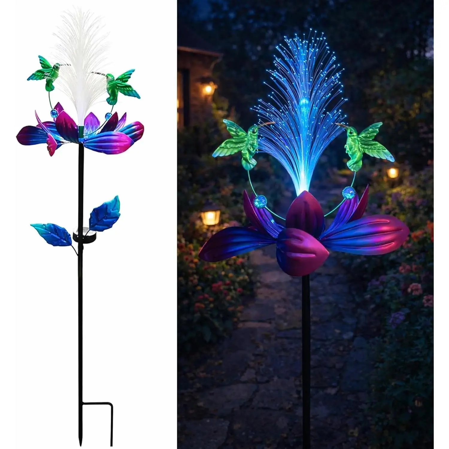 Solar Hummingbird Wind Spinner Outdoor 49 Inch Lotus Flower Metal Garden Windmill for Yard and Color Changing Fiber Optic Solar Yard Art Kinetic Wind Spinner Gift for Women Mother's Day Garden Gift
