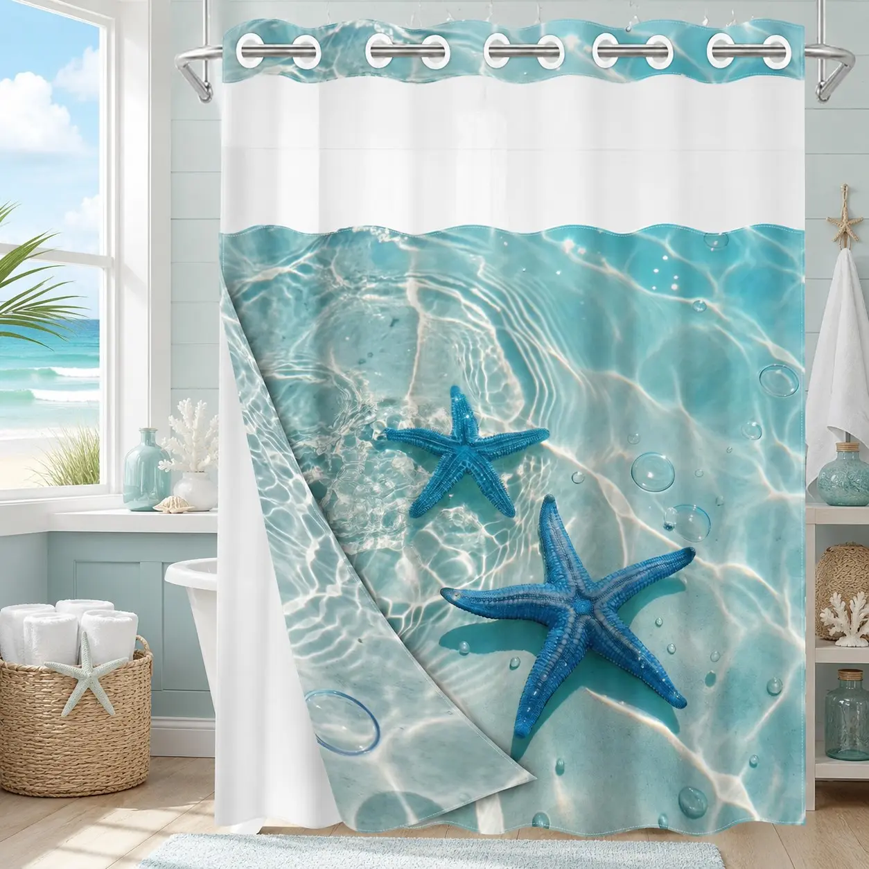 1PC 2D Flat No Hooks Double Layer Shower Stall Curtain, Shower Essentials, Clear Sea Water Blue Starfish Print Waterproof Fabric, Ocean Style Home Decor, Accessories for Hotel, Home Bathroom, Clear Top Window & Detachable Snap-In Liner, Room Divider