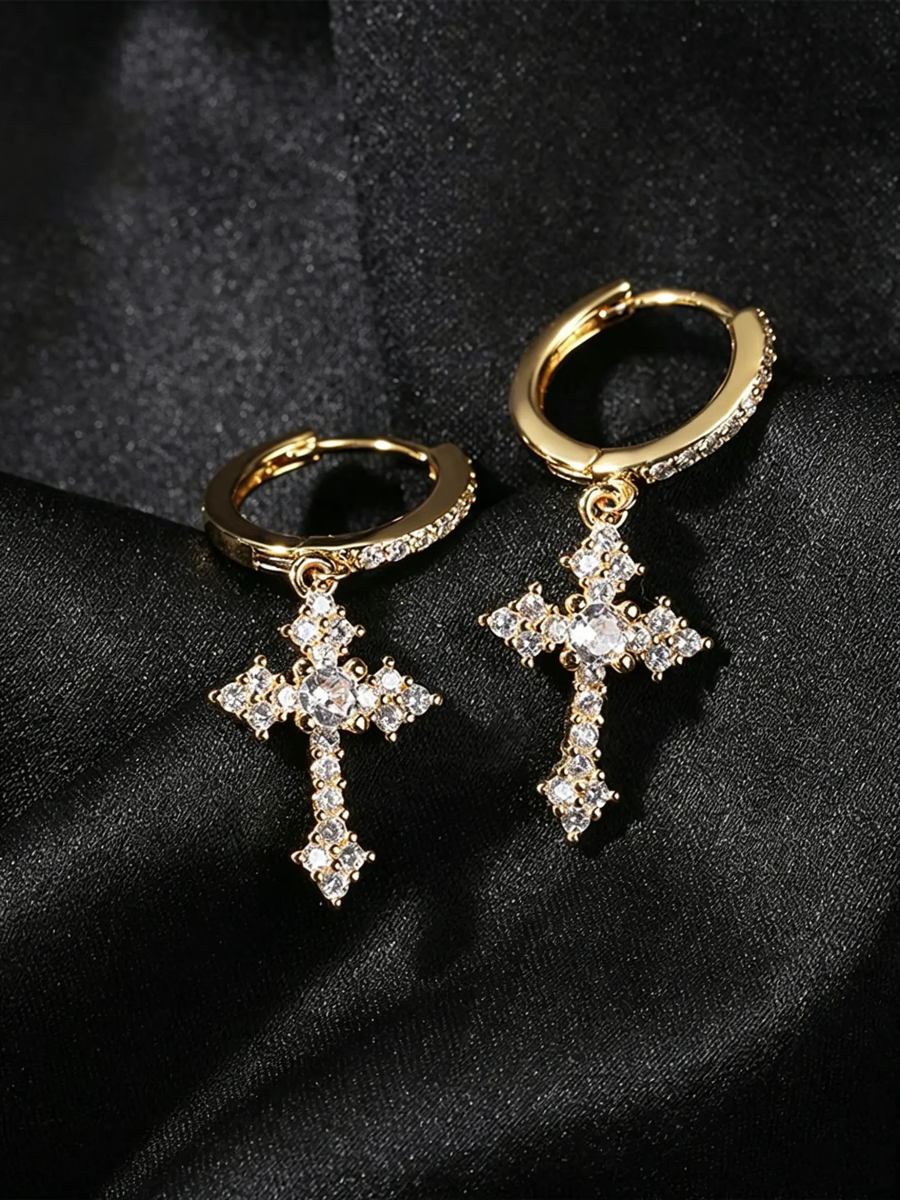 Luxury Cross Cubic Zirconia Hoop Dangle Earrings, Hypoallergenic No‑Plating Stainless Steel, Unisex Eye‑catching Statement Party Gothic Jewelry, Premium Accessory for Club Night Out Men & Women