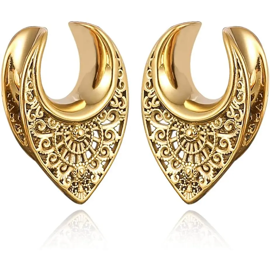 2-Count 316 Nickel-Free SS Floral Saddle Hangers, Modern Tunnel Shape Body Jewelry, Daily Wear Comfortable Fit Reverse Saddle Gauges (8mm-30mm)