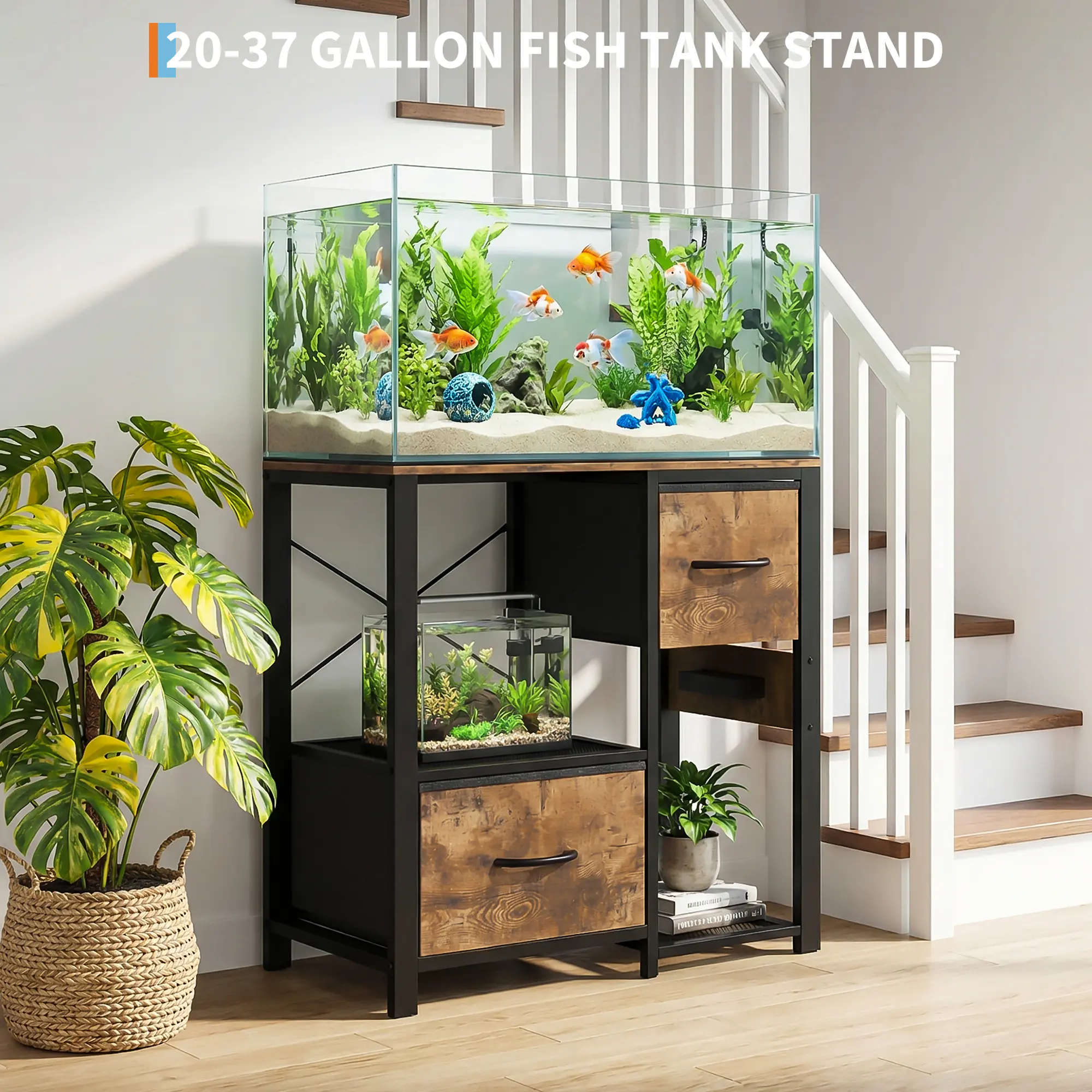 Metal-Wood 20-29 Gal Fish Tank Stand, Aquarium Stand with Power Outlets, Shelf, Drawers and 6 Legs for Home Use