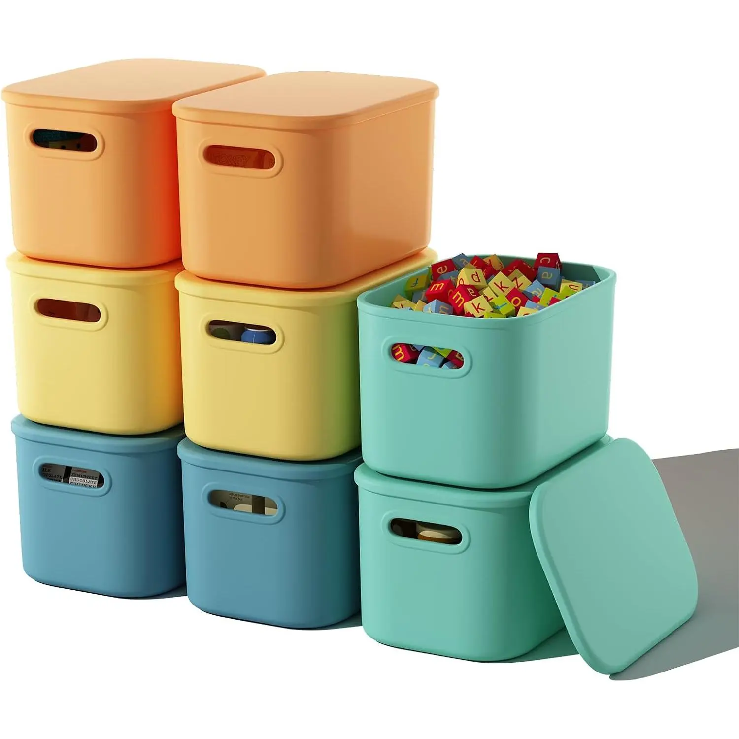 8-Pack Plastic Colorful Stackable Storage Bins with Lids & Handles - Home Organiser for Cabinet, Laundry Room, Shelves; 9.85x6.9x5.7in Craft/Snack Storage Containers