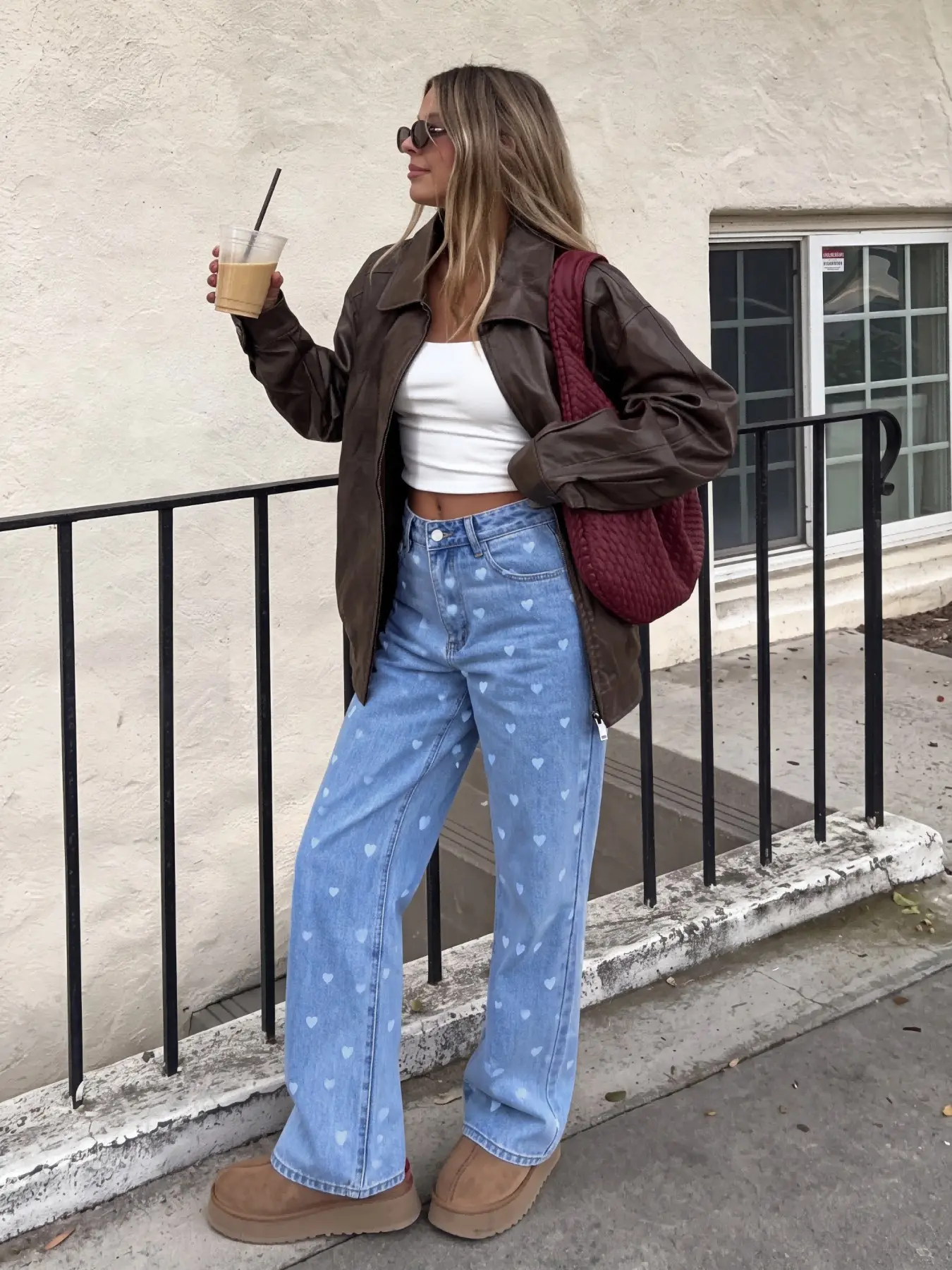 High Elastic Waist Narrow Leg Jeans, Light Blue Heart Print, Soft Stretch Fabric, Fitted Style, All Seasons, Fashionable Streetwear